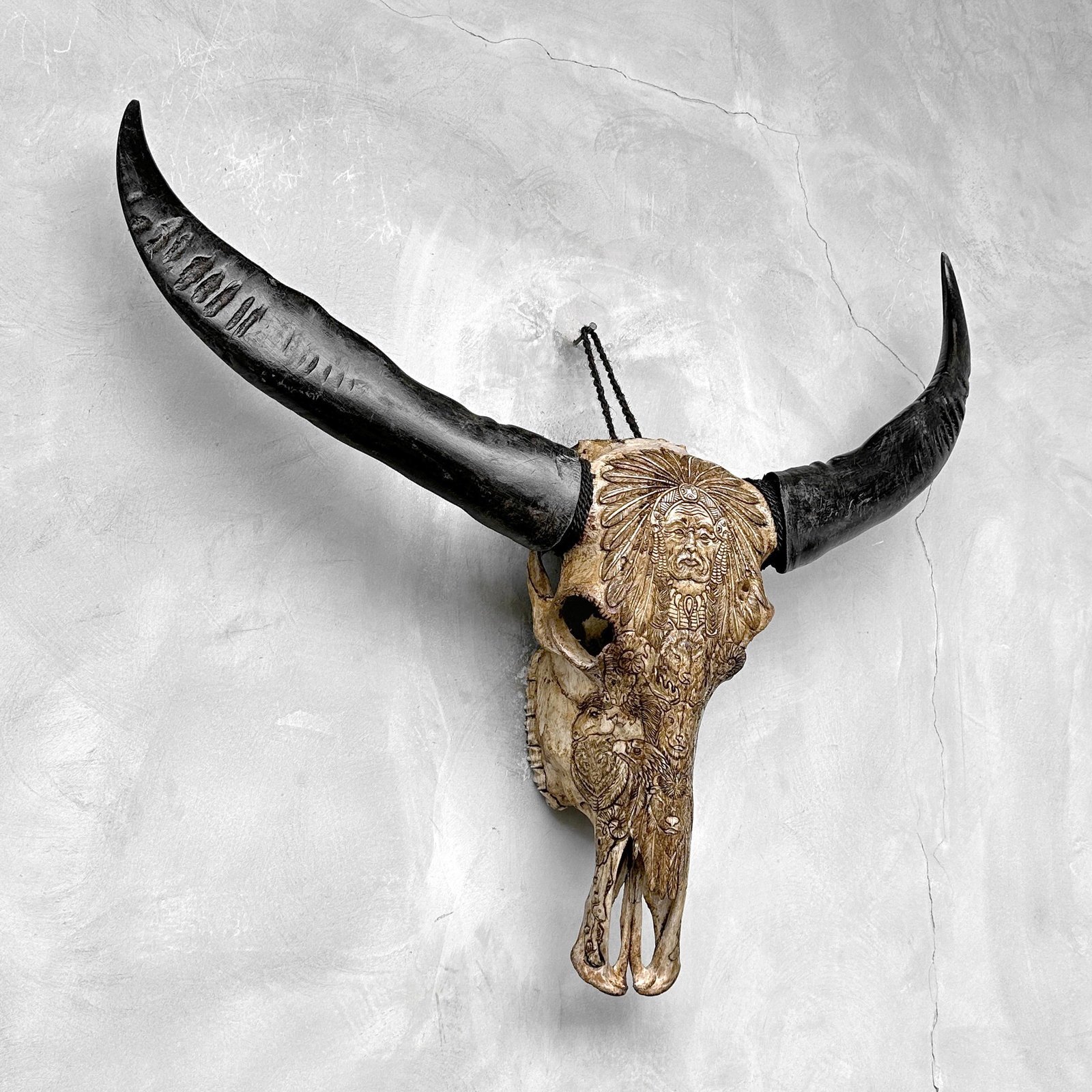 Brown water buffalo skull - Native american indian motif - 5