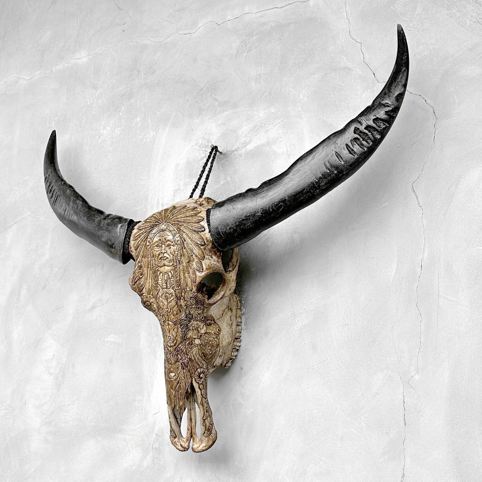 Brown water buffalo skull - Native american indian motif - 7