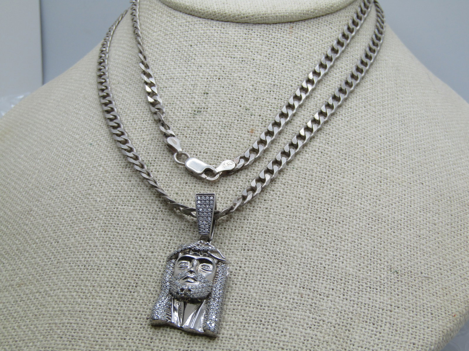 Vintage Sterling and Rhinestone Jesus Necklace, 28" - 2