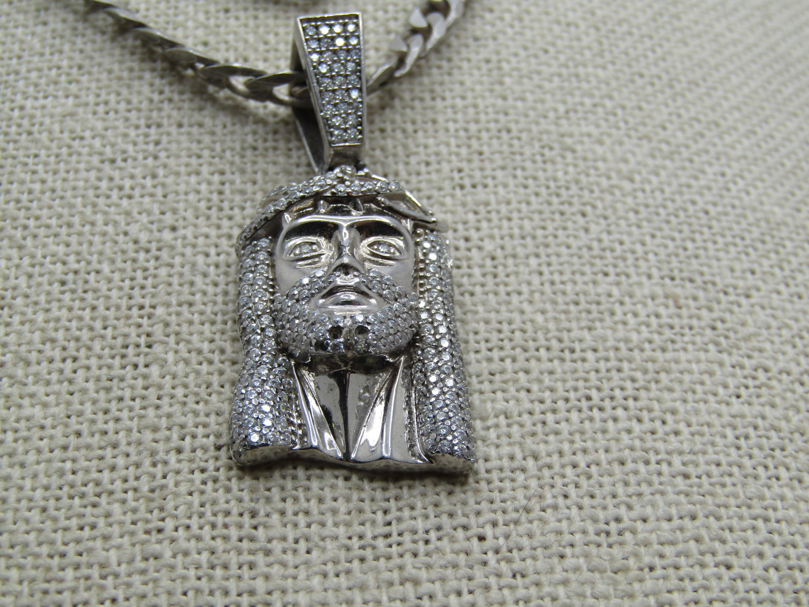 Vintage Sterling and Rhinestone Jesus Necklace, 28" - 3