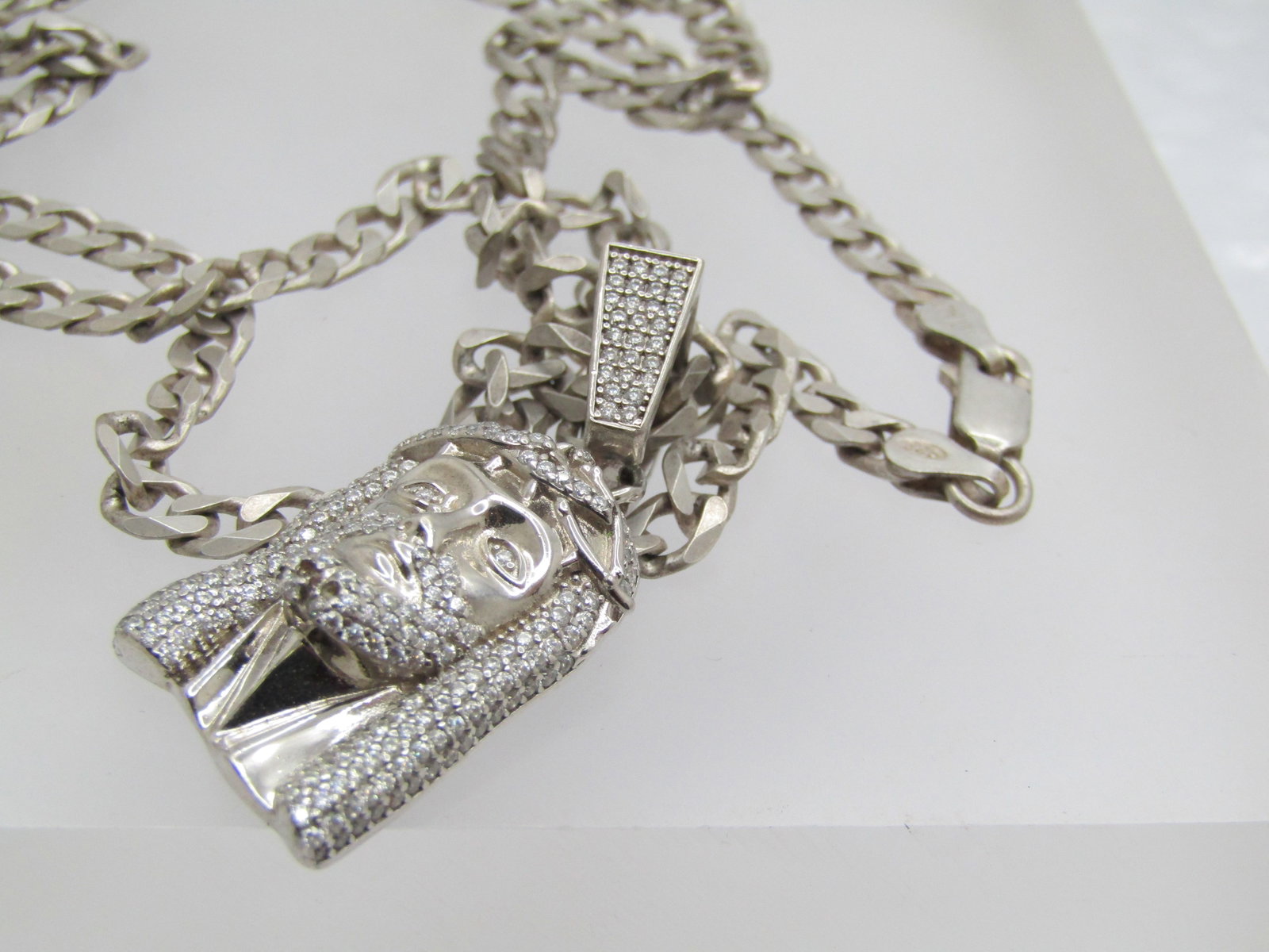 Vintage Sterling and Rhinestone Jesus Necklace, 28" - 5