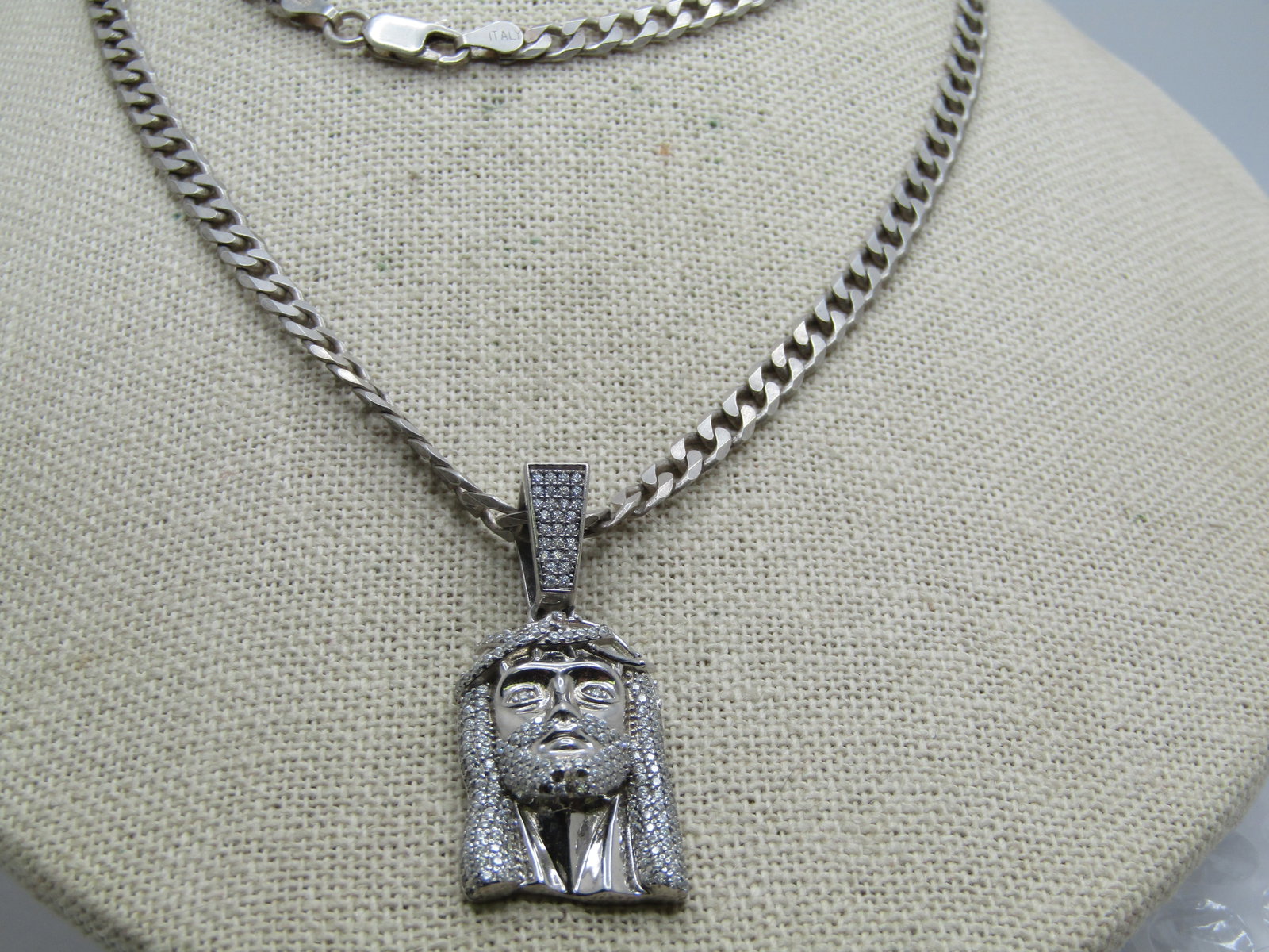 Vintage Sterling and Rhinestone Jesus Necklace, 28" - 8