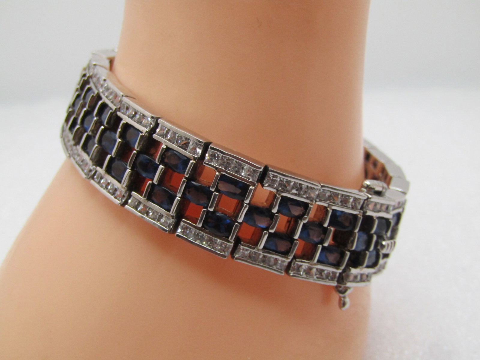 Vintage Sterling Sapphire Blue and Clear CZ Woven Bracelet, 7.25, 14.5mm Wide, 1990's, Signed - 2
