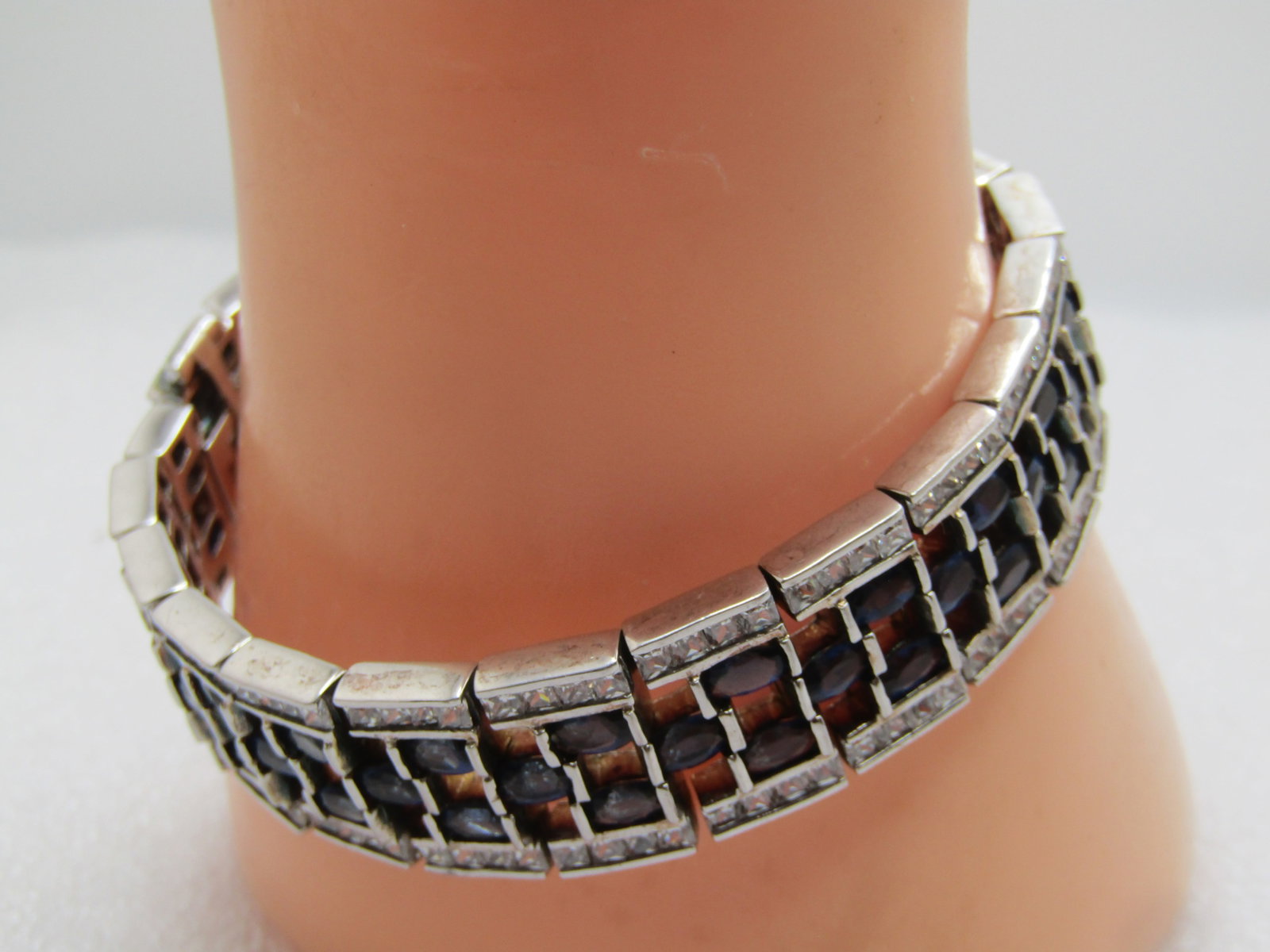 Vintage Sterling Sapphire Blue and Clear CZ Woven Bracelet, 7.25, 14.5mm Wide, 1990's, Signed - 3