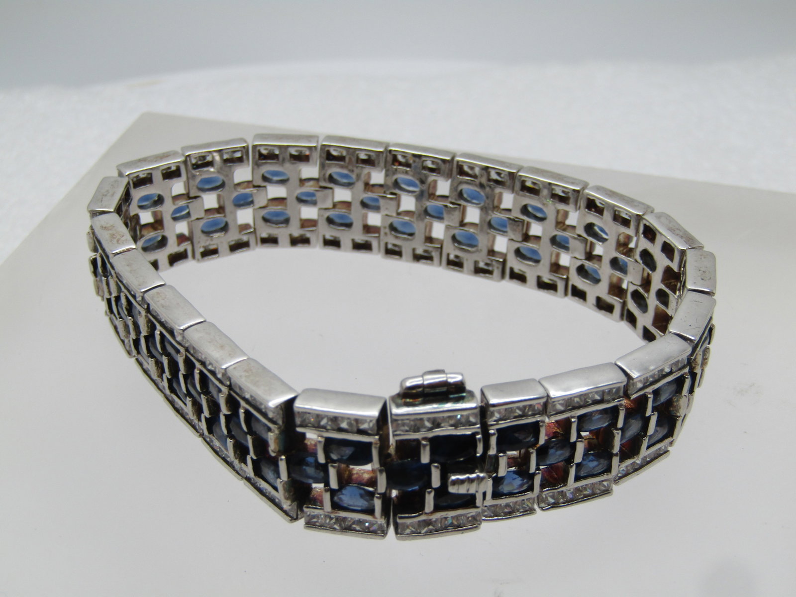 Vintage Sterling Sapphire Blue and Clear CZ Woven Bracelet, 7.25, 14.5mm Wide, 1990's, Signed - 4