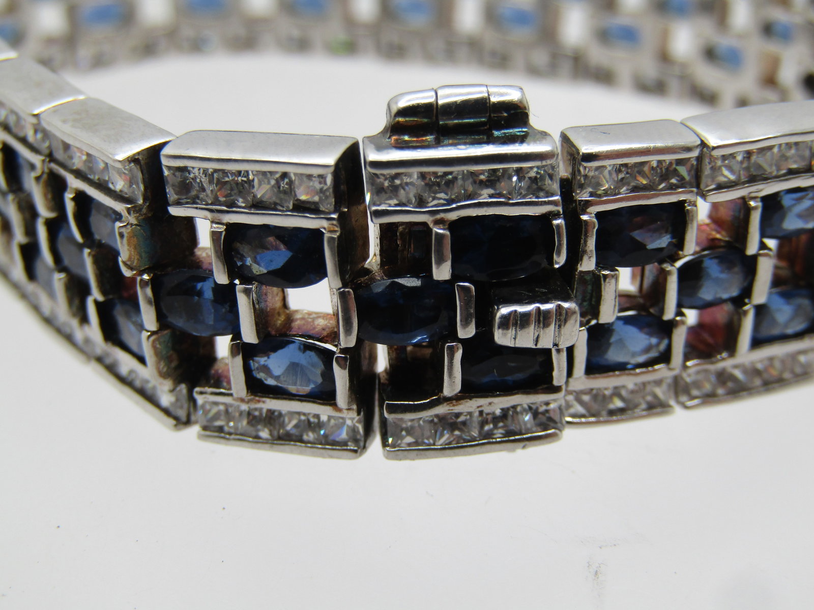 Vintage Sterling Sapphire Blue and Clear CZ Woven Bracelet, 7.25, 14.5mm Wide, 1990's, Signed - 5