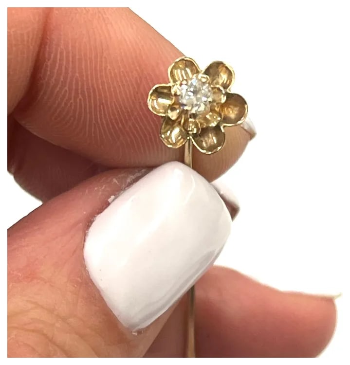 Vintage 14k Gold Diamond Flower Stickpin - 5