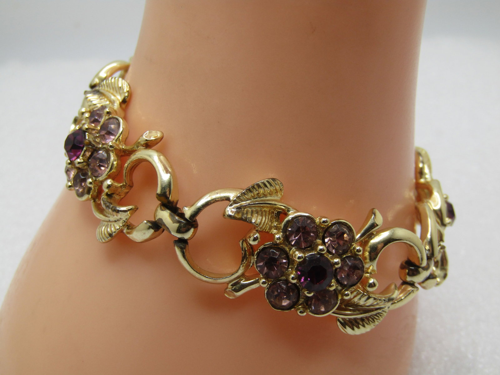 Vintage Purple Lavender Rhinestone Floral Bracelet, Signed Coro, 7", 1960's - 2