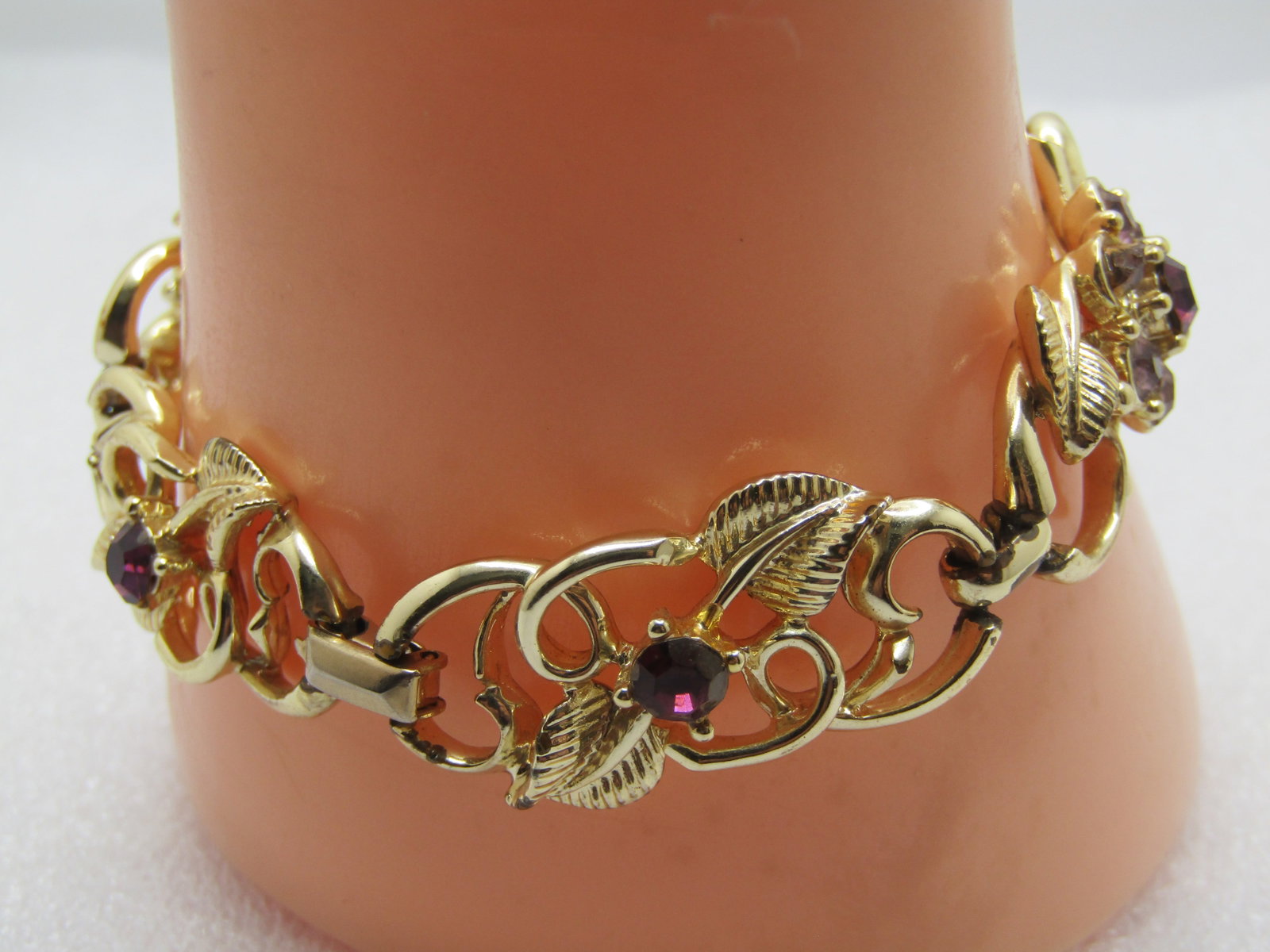 Vintage Purple Lavender Rhinestone Floral Bracelet, Signed Coro, 7", 1960's - 3
