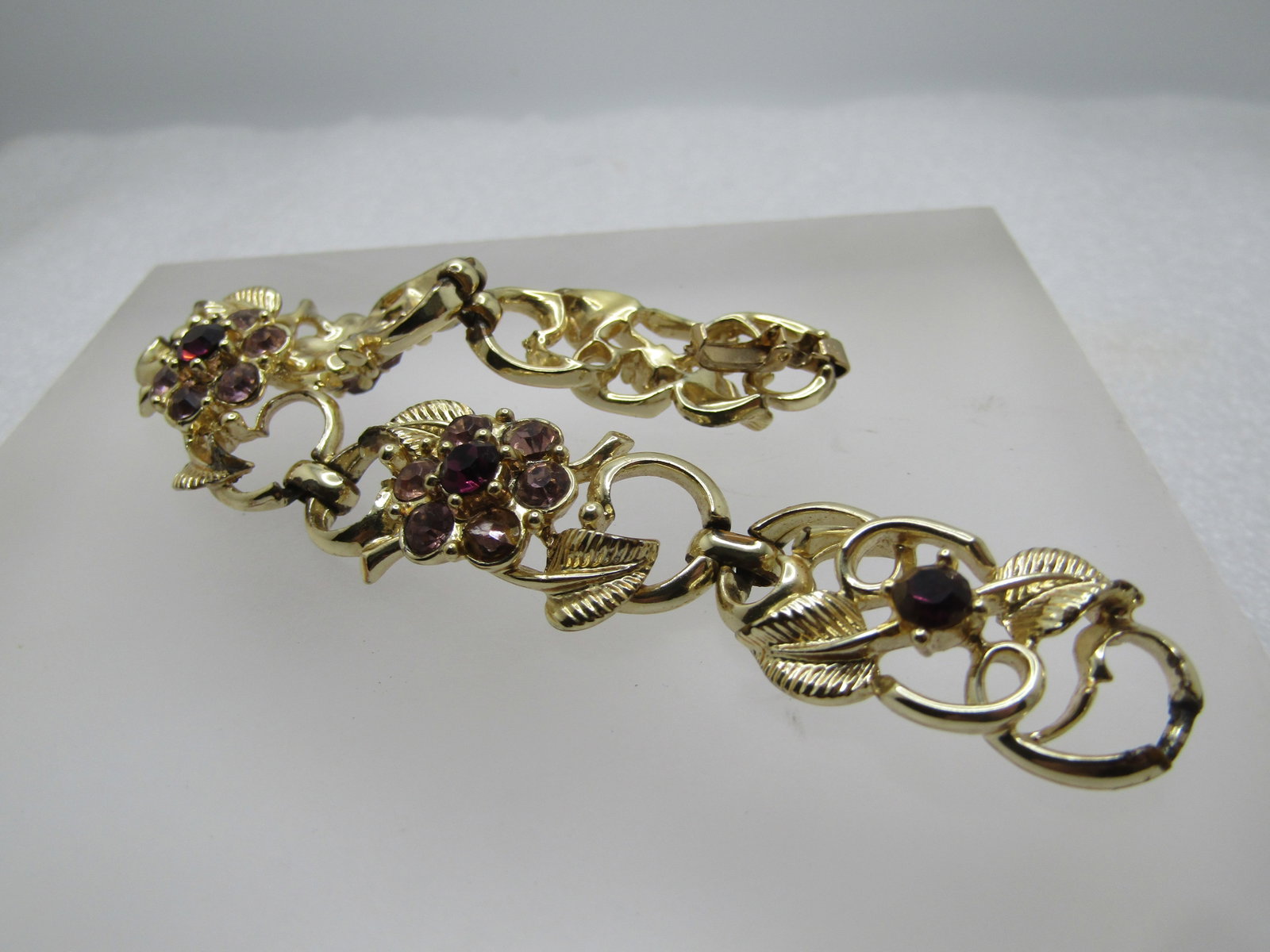 Vintage Purple Lavender Rhinestone Floral Bracelet, Signed Coro, 7", 1960's - 4
