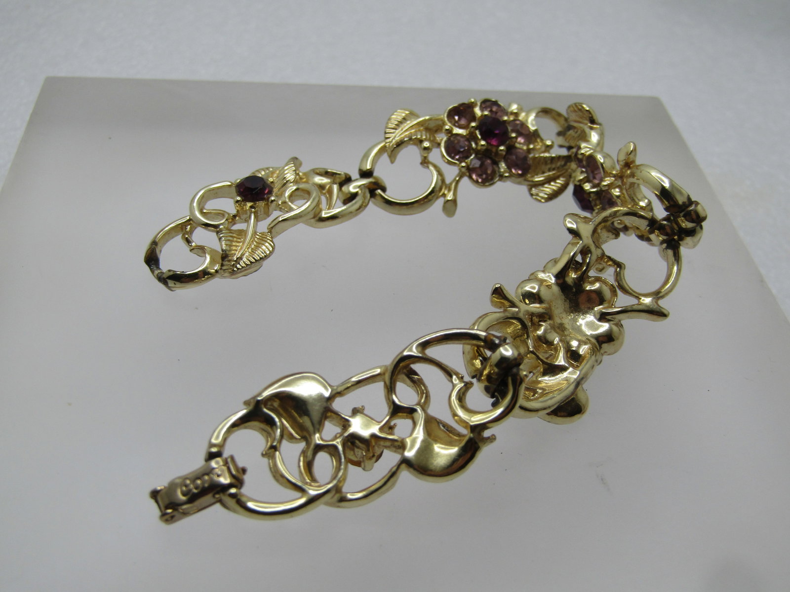 Vintage Purple Lavender Rhinestone Floral Bracelet, Signed Coro, 7", 1960's - 6