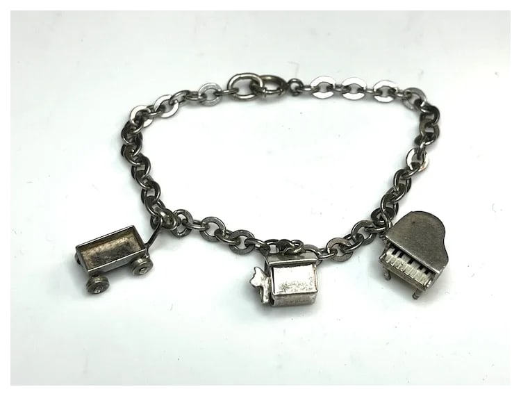 Darling Vintage Charm Bracelet with Piano, Dog House, and Wagon - 2