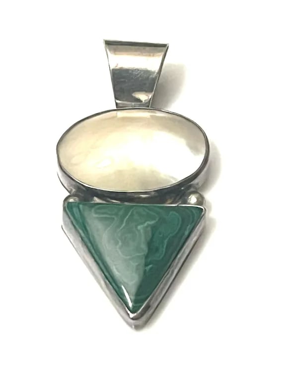 Vintage Malachite and Mother of Pearl Sterling Silver Pendant - 2