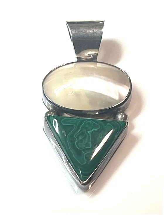 Vintage Malachite and Mother of Pearl Sterling Silver Pendant - 3