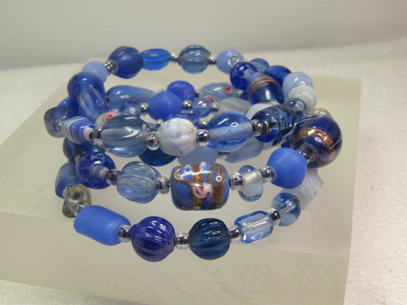 Vintage Coiled Blue Glass Mixed Beaded Bracelet, Adjusts to Most Sizes, 1990's - 2