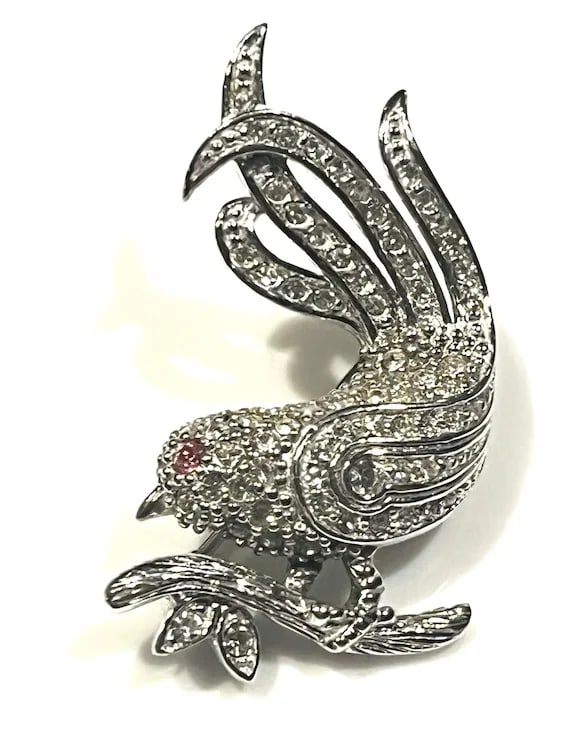 Vintage Sterling Silver Pave Rhinestone Bird Brooch - 2