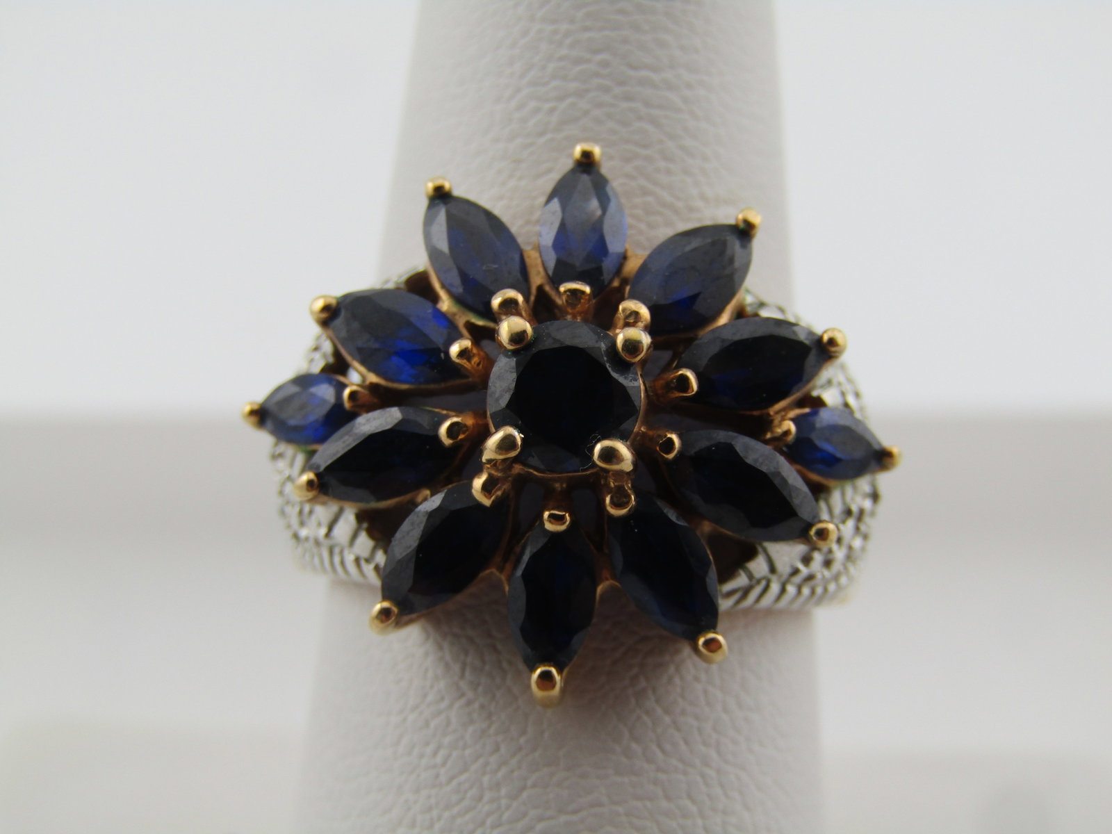 Gold/Silver Tone Blue Lab Sapphire Blossom Ring, Sz. 8, 1990's-2000's, Signed: Title: Gold/Silver Tone Blue Lab Sapphire Blossom Ring, Sz. 8, 1990's-2000's, Signed Description: Gold/Silver Tone Blue Lab Sapphire Blossom Ring, Sz. 8, 1990's-2000's, Signed R. This is marked .925