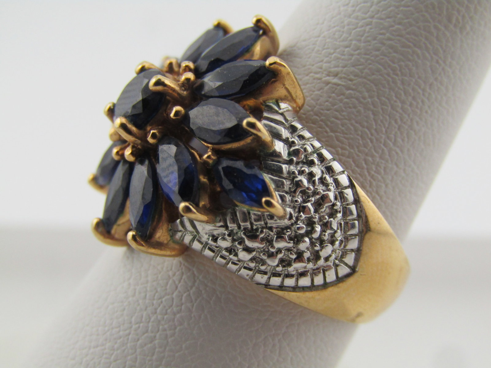 Gold/Silver Tone Blue Lab Sapphire Blossom Ring, Sz. 8, 1990's-2000's, Signed - 2