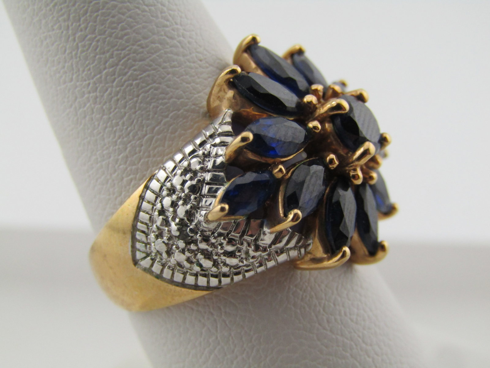 Gold/Silver Tone Blue Lab Sapphire Blossom Ring, Sz. 8, 1990's-2000's, Signed - 3