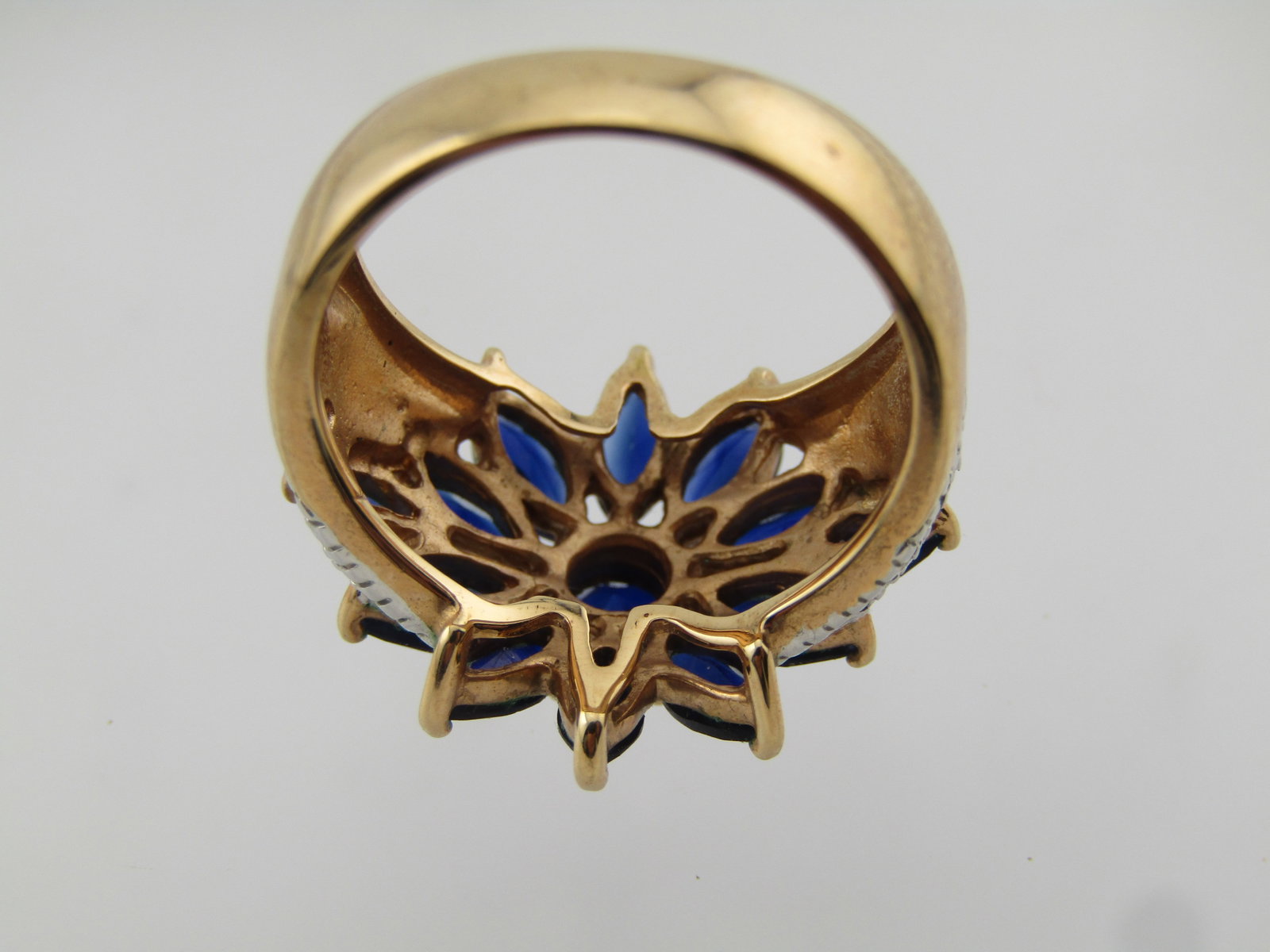 Gold/Silver Tone Blue Lab Sapphire Blossom Ring, Sz. 8, 1990's-2000's, Signed - 4