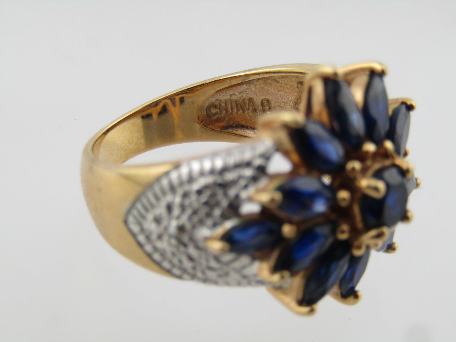 Gold/Silver Tone Blue Lab Sapphire Blossom Ring, Sz. 8, 1990's-2000's, Signed - 5