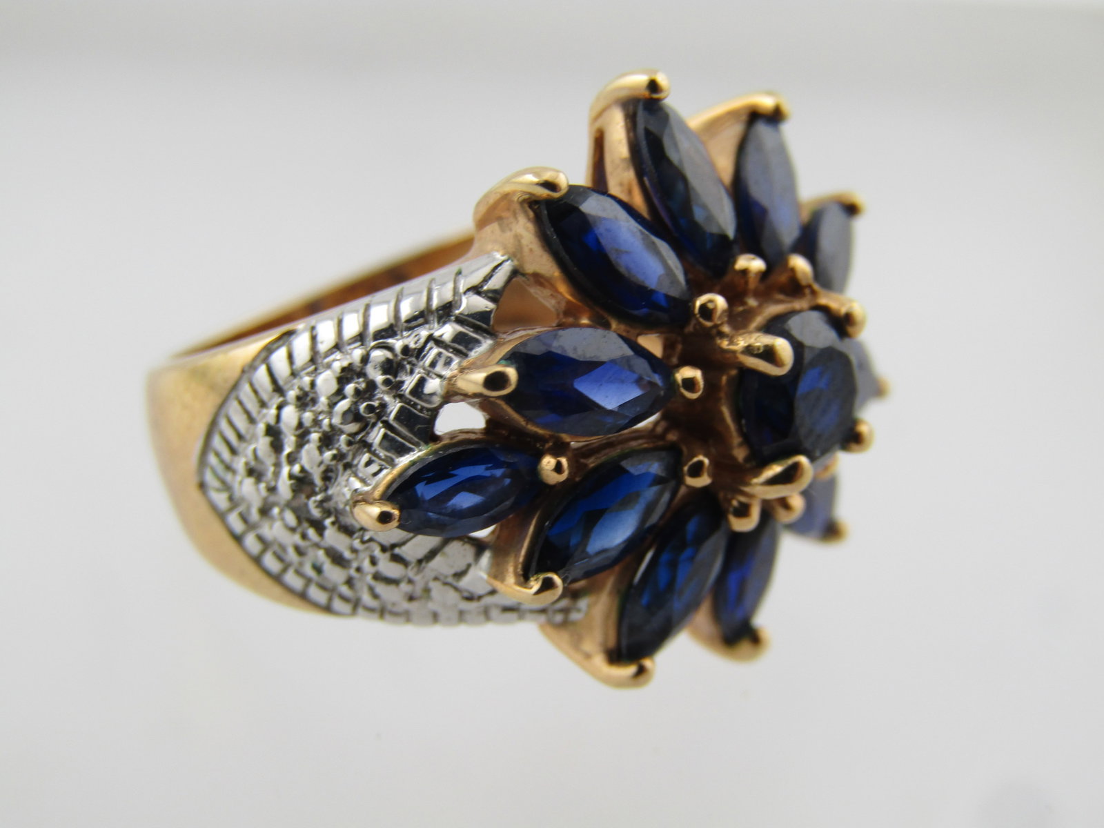 Gold/Silver Tone Blue Lab Sapphire Blossom Ring, Sz. 8, 1990's-2000's, Signed - 6