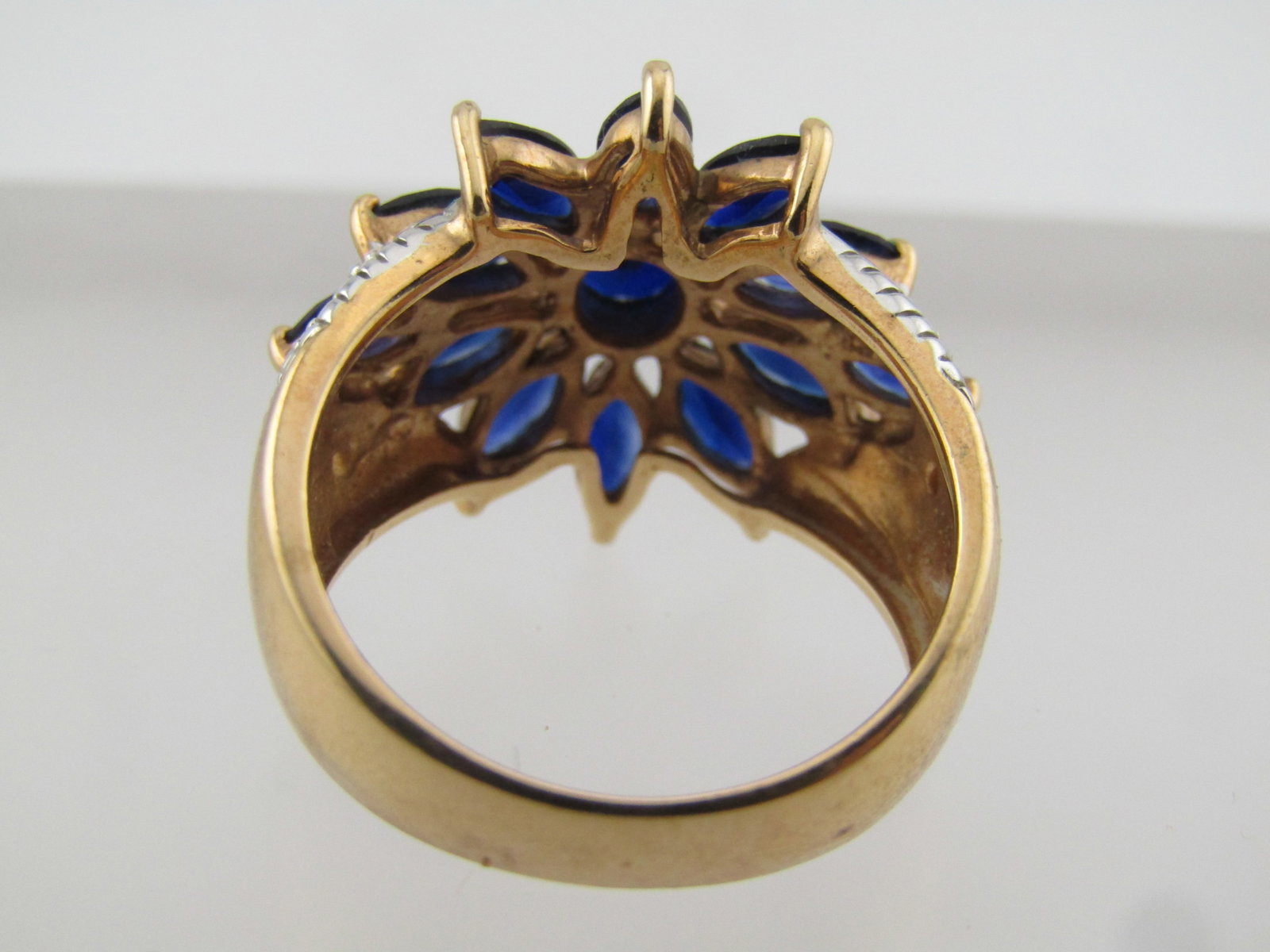 Gold/Silver Tone Blue Lab Sapphire Blossom Ring, Sz. 8, 1990's-2000's, Signed - 7