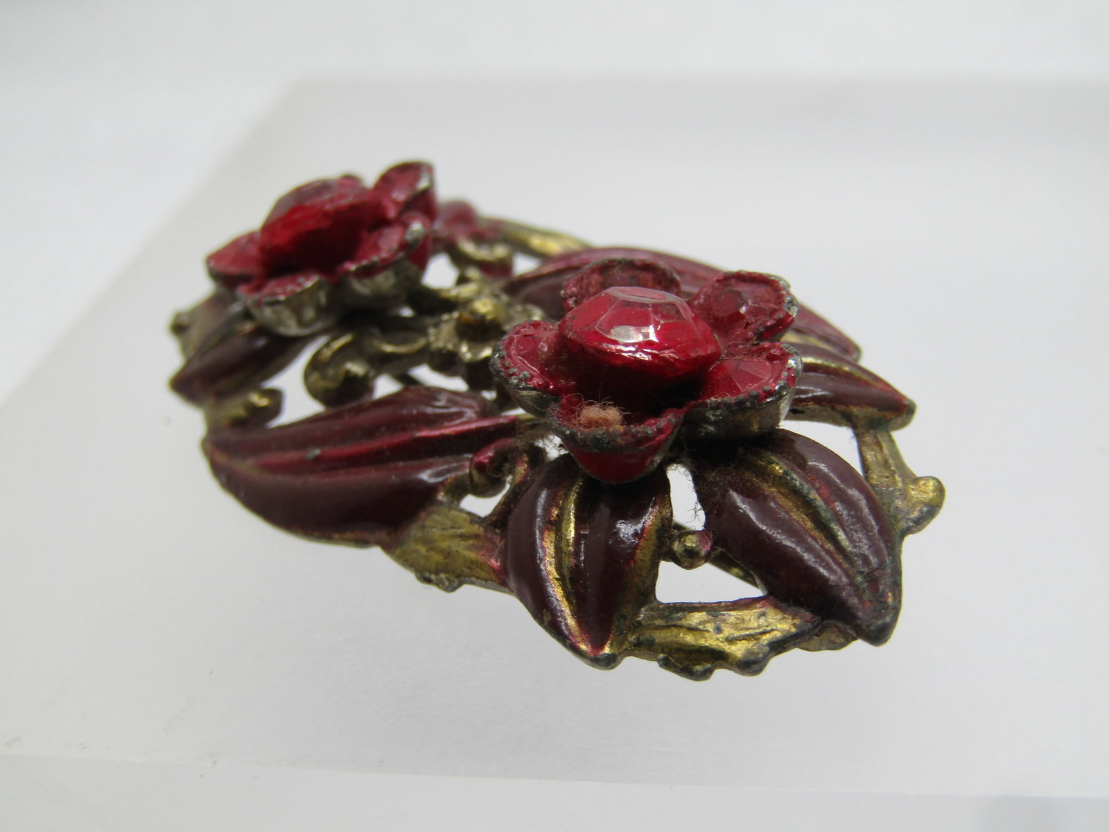 Antique Red Enameled Floral Brooch, with Rhinestones, C-Clasp, 1800's-1910 - 4