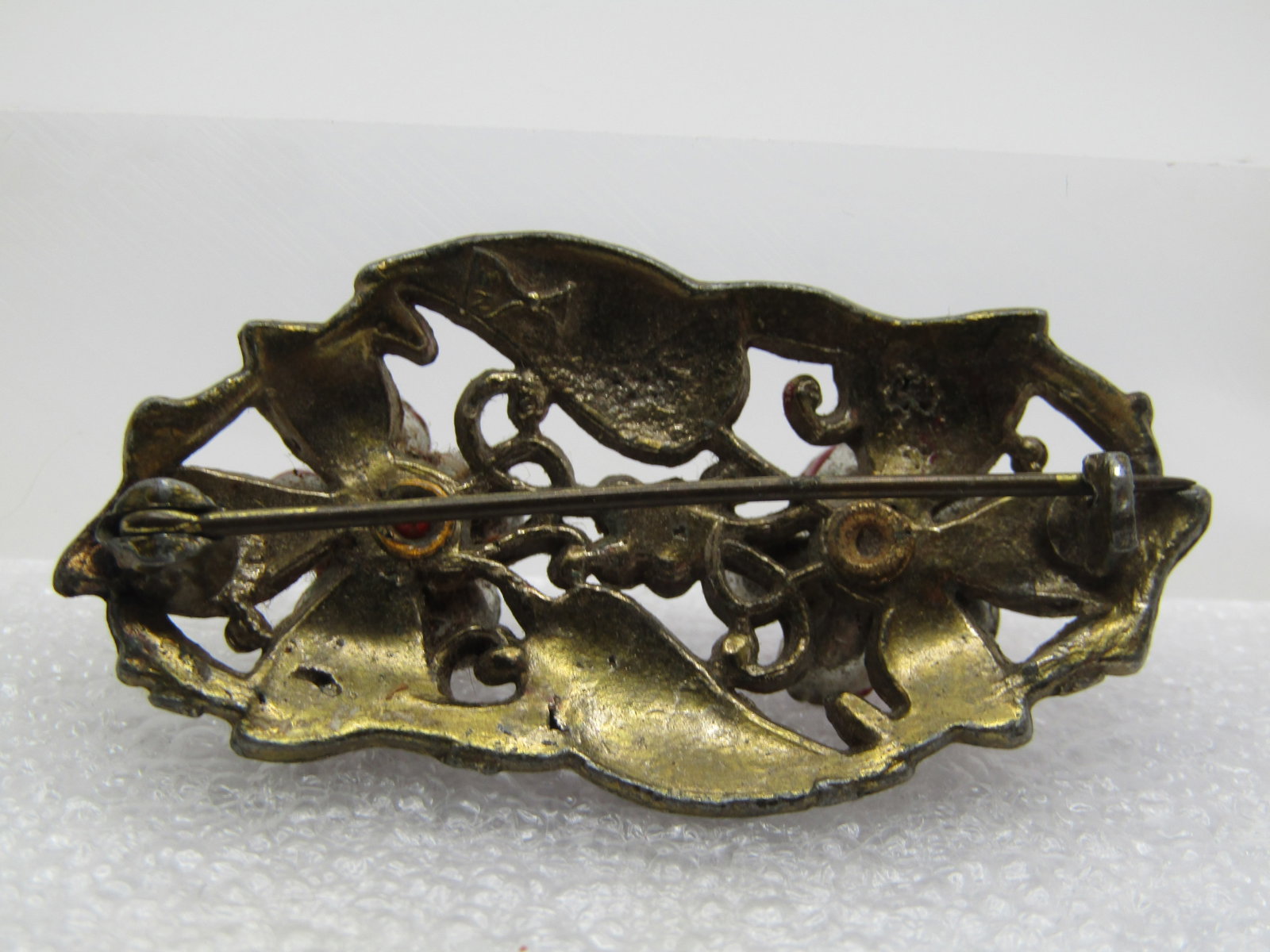 Antique Red Enameled Floral Brooch, with Rhinestones, C-Clasp, 1800's-1910 - 5
