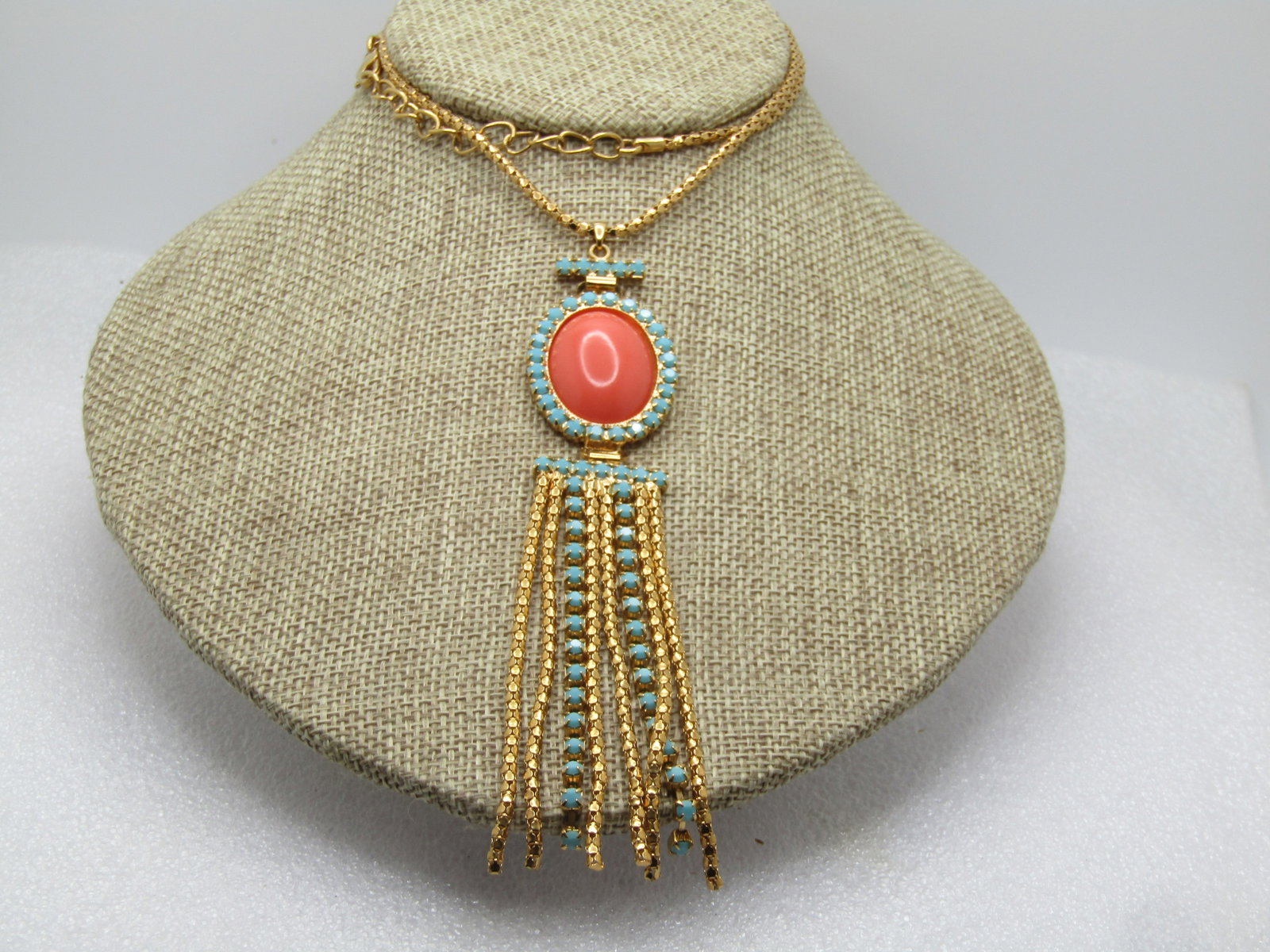 Vintage Turquoise Glass Dangle Necklace, 20" , Signed Frangos (Greek Co), 1980's-1990's - 2