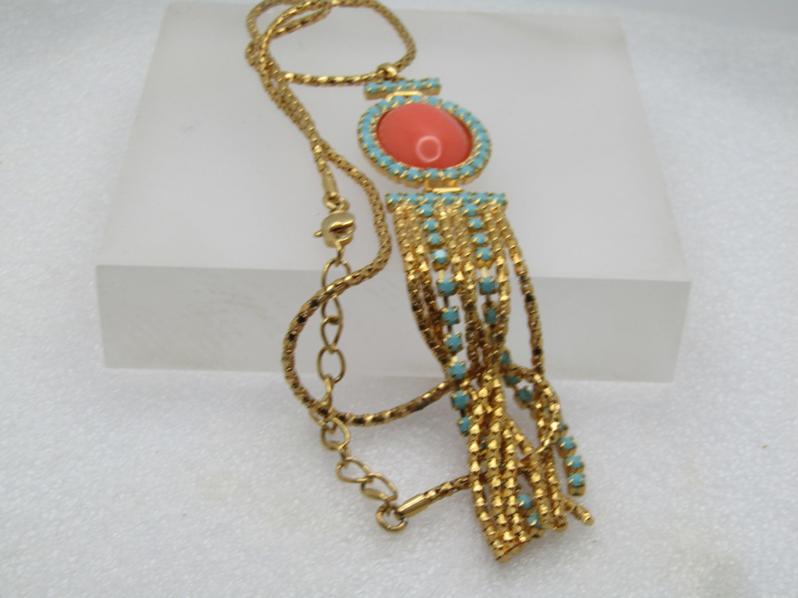 Vintage Turquoise Glass Dangle Necklace, 20" , Signed Frangos (Greek Co), 1980's-1990's - 5