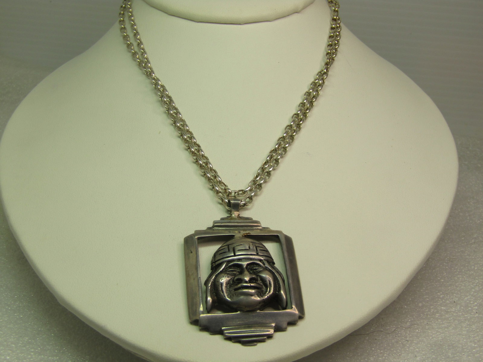 Vintage Sterling Peruvian Framed Face Necklace, 1960's-1970's, 30" - 2