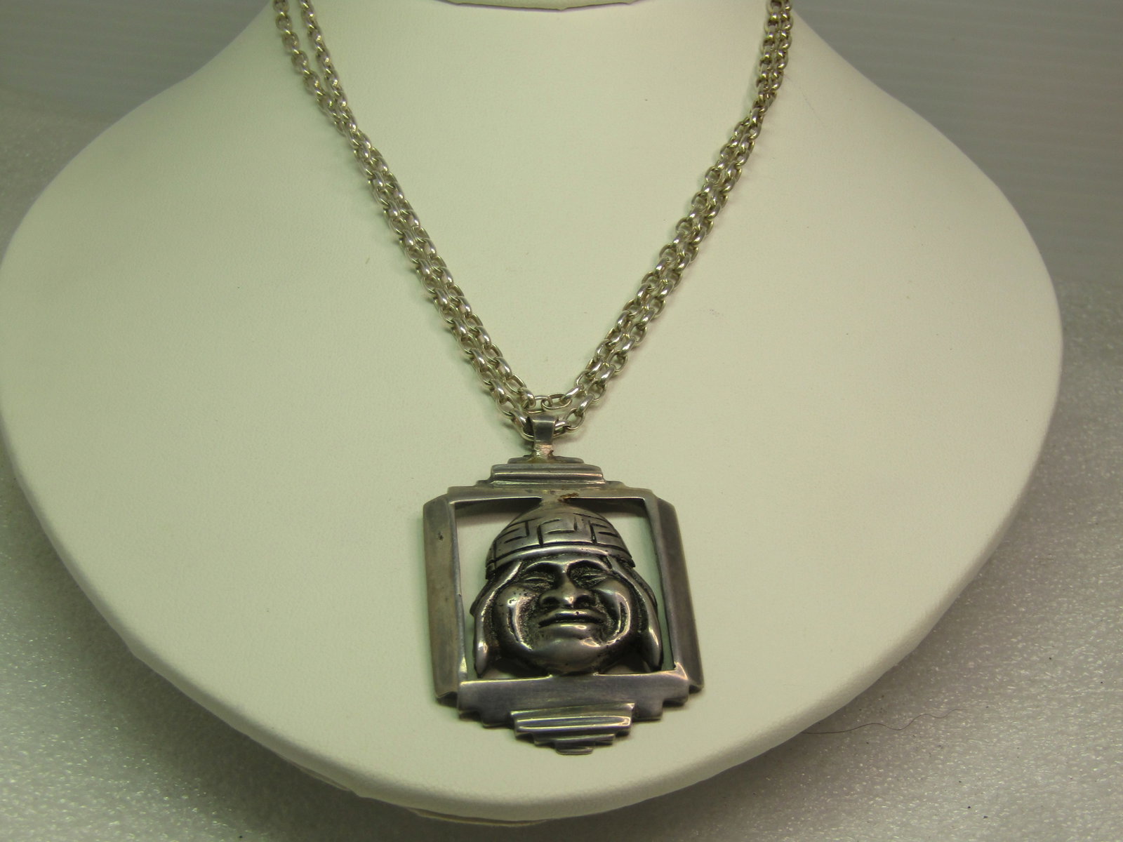 Vintage Sterling Peruvian Framed Face Necklace, 1960's-1970's, 30" - 3