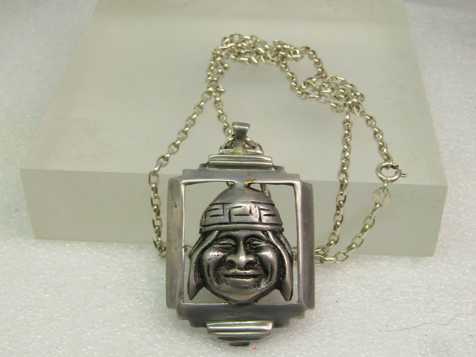 Vintage Sterling Peruvian Framed Face Necklace, 1960's-1970's, 30" - 5
