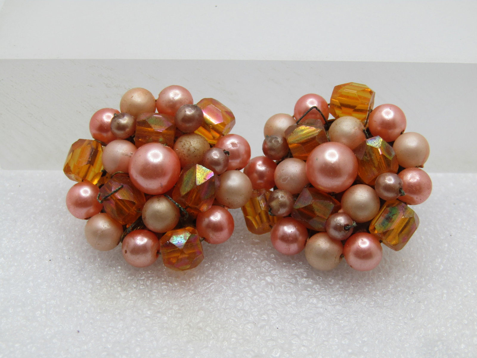 Vintage Peach/Pink Coral Tone Beaded Earrings, Clip, 1940's-1950's - 2