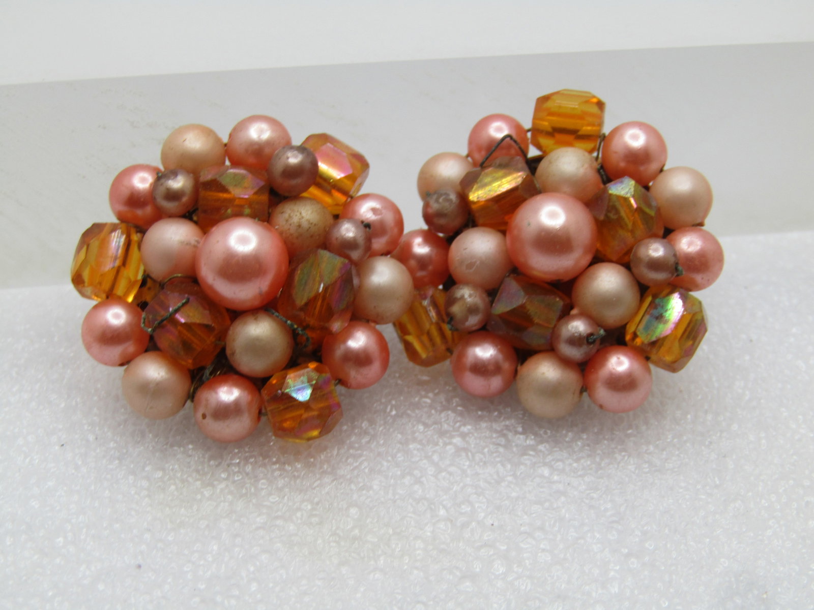 Vintage Peach/Pink Coral Tone Beaded Earrings, Clip, 1940's-1950's - 3