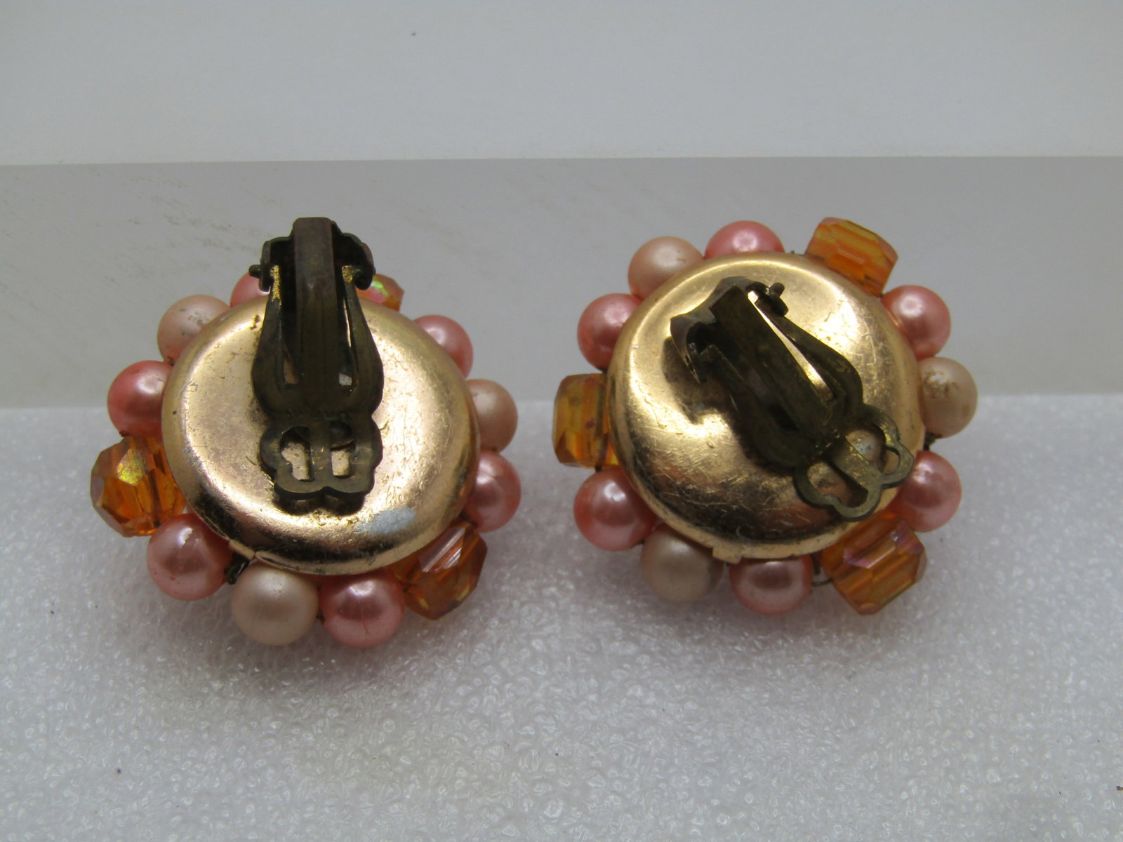 Vintage Peach/Pink Coral Tone Beaded Earrings, Clip, 1940's-1950's - 4