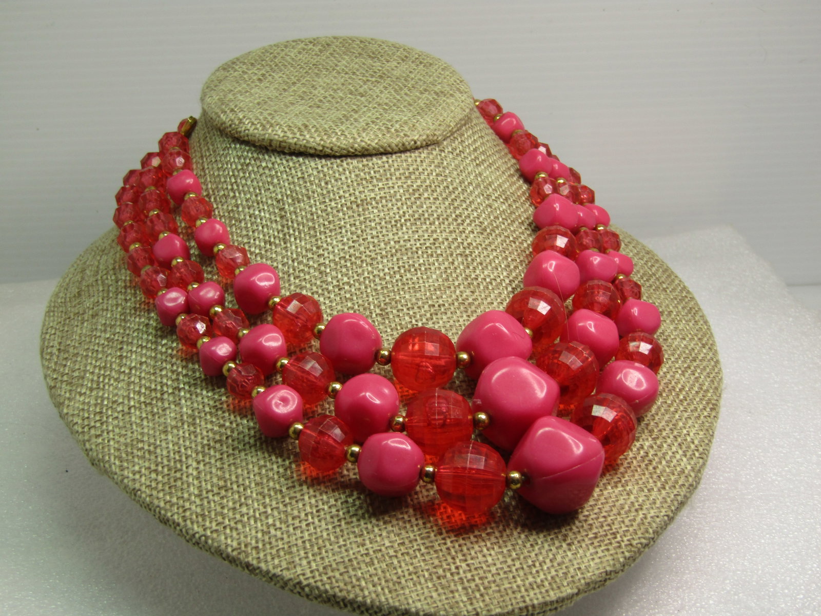 Vintage Pink Graduated Triple Strand Necklace, 16", 1950's-1960's - 2
