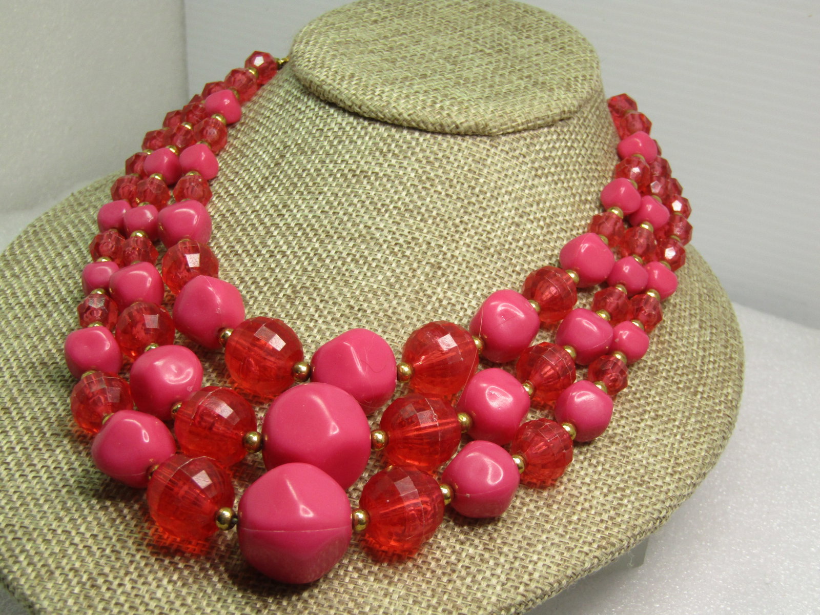 Vintage Pink Graduated Triple Strand Necklace, 16", 1950's-1960's - 3