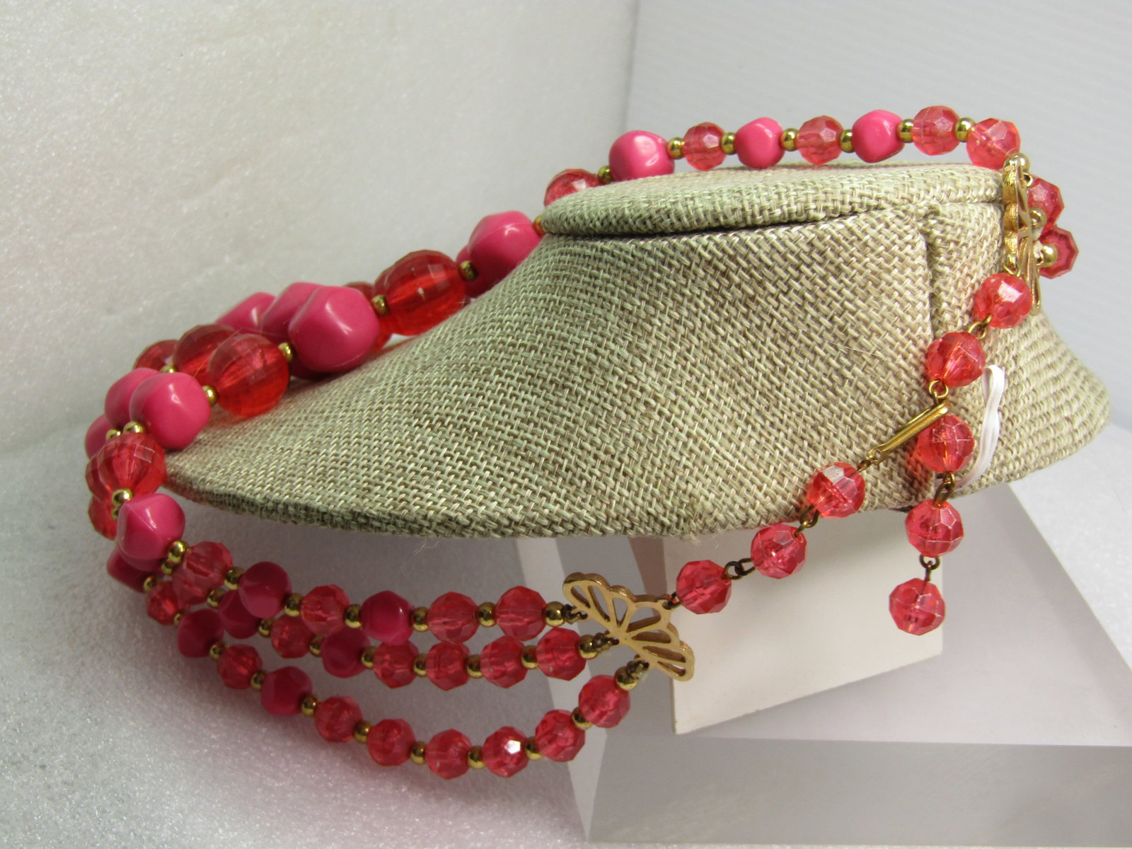 Vintage Pink Graduated Triple Strand Necklace, 16", 1950's-1960's - 4
