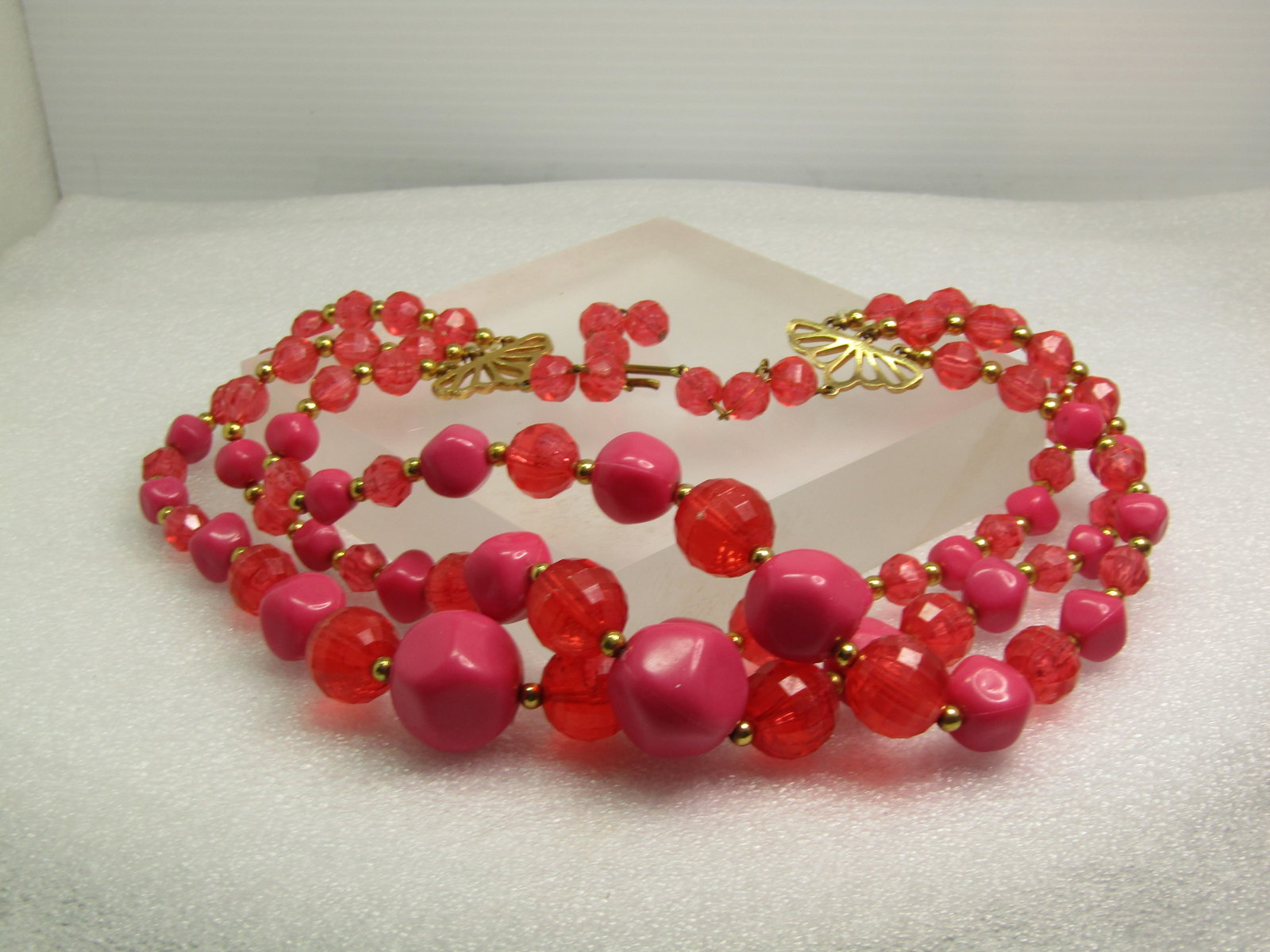 Vintage Pink Graduated Triple Strand Necklace, 16", 1950's-1960's - 5