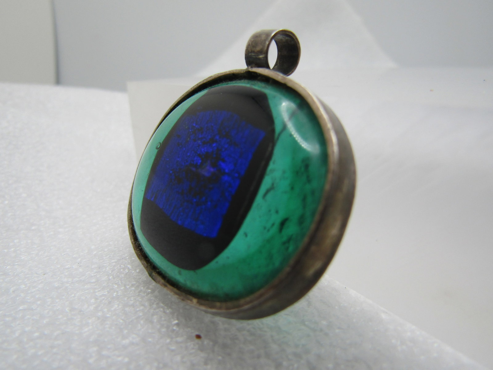 Vintage Sterling Blue and Green Glass Pendant, 1980's-1990's - 2