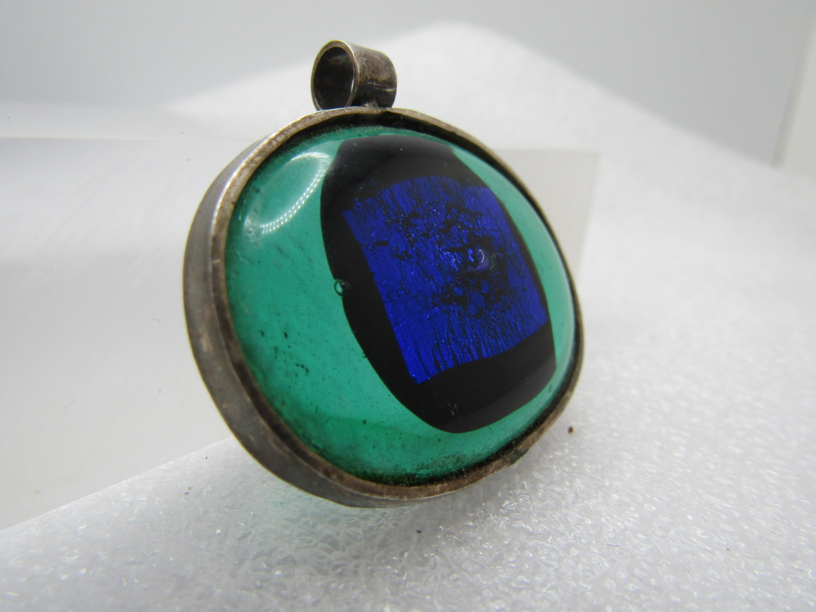 Vintage Sterling Blue and Green Glass Pendant, 1980's-1990's - 3