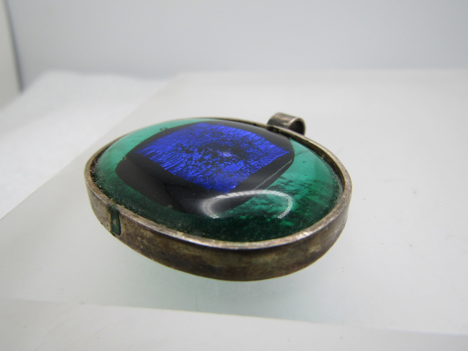 Vintage Sterling Blue and Green Glass Pendant, 1980's-1990's - 5