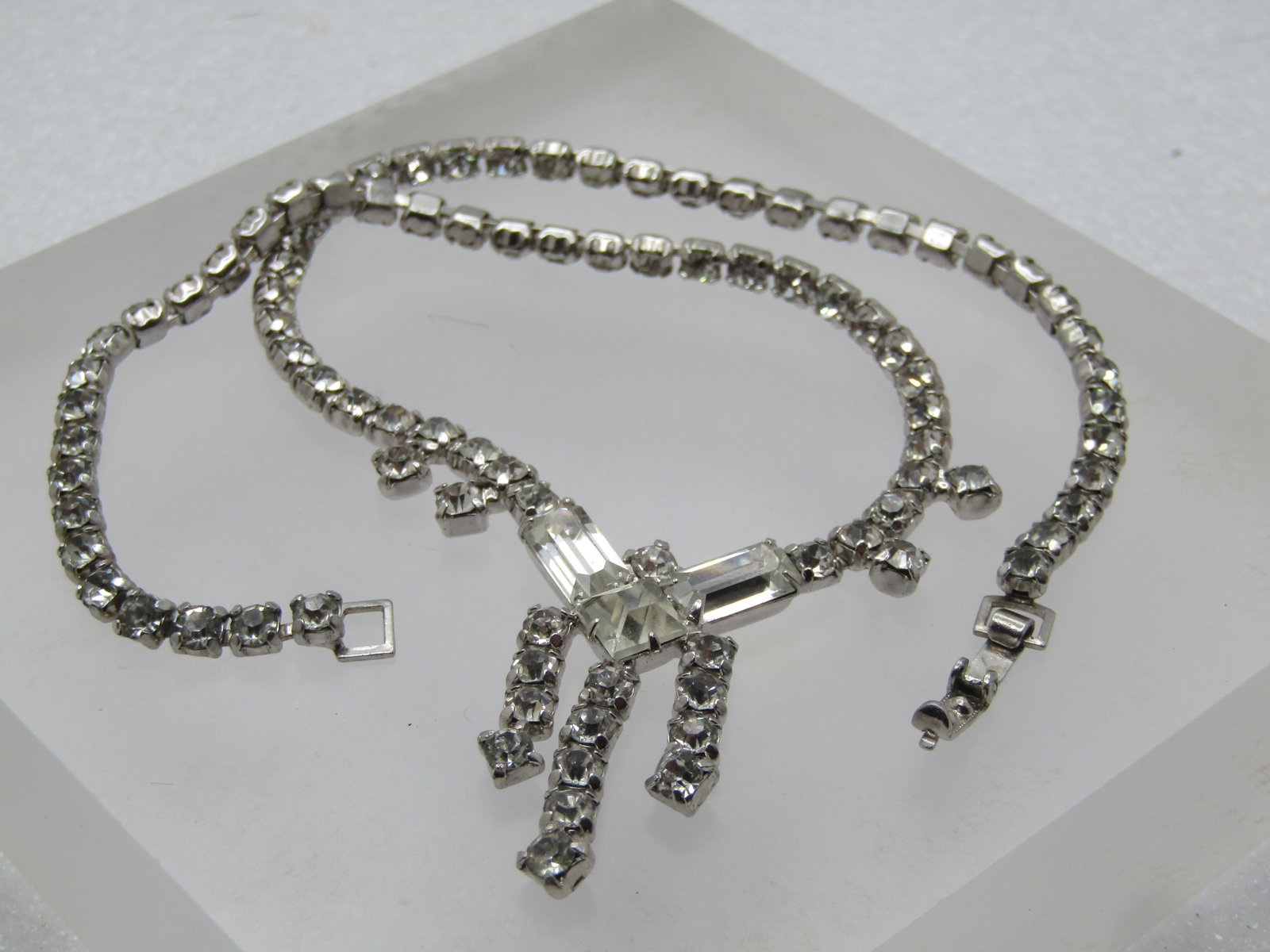 Vintage Clear Glass Rhinestone Necklace, 14.5", Flip Clasp, 1960's-1980's - 5