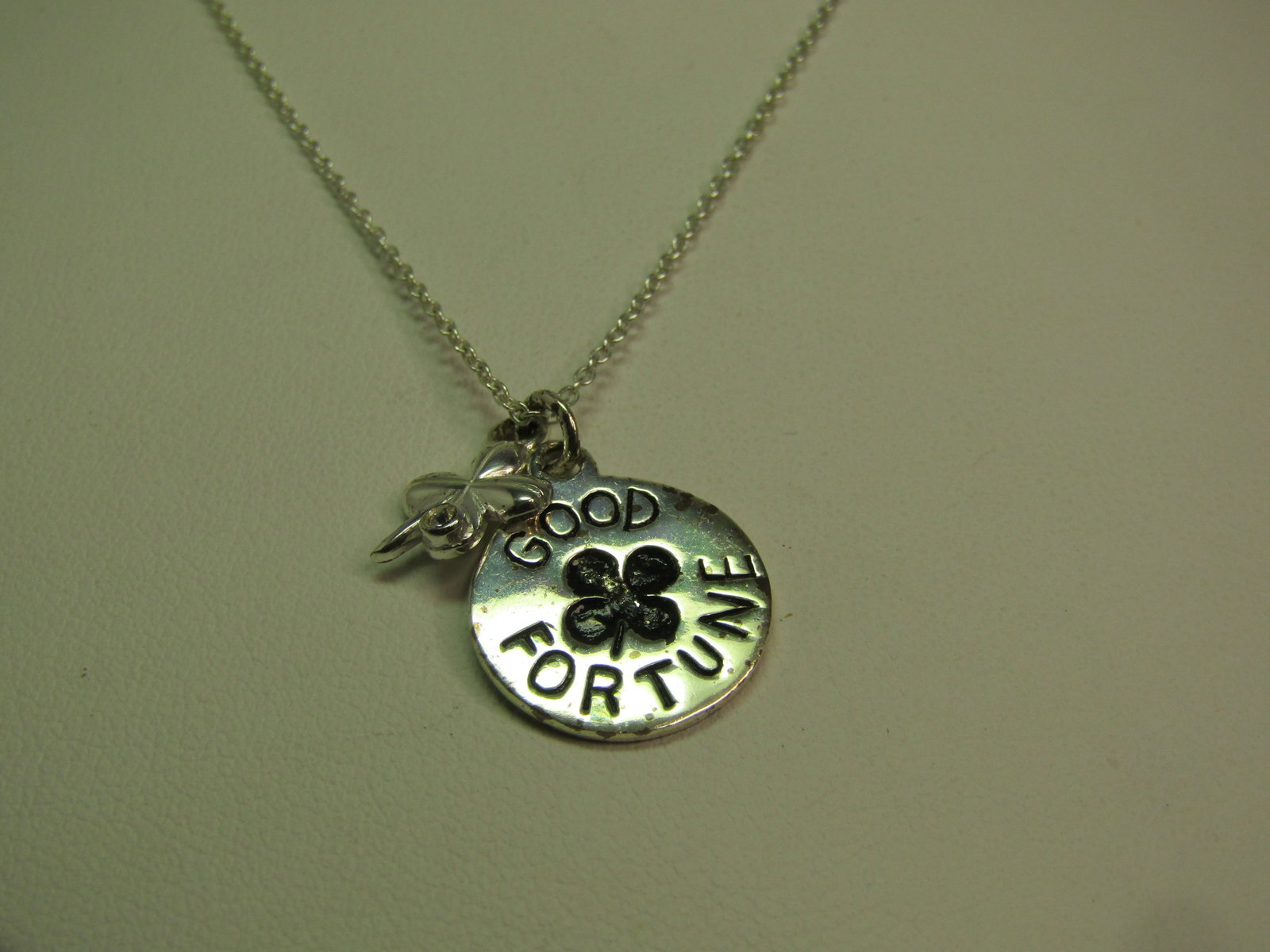 Sterling Good Fortune/Lucky Pendant Neckalce, Four-Leaf Clover, CZ, Signed Marsala, 18", - 2