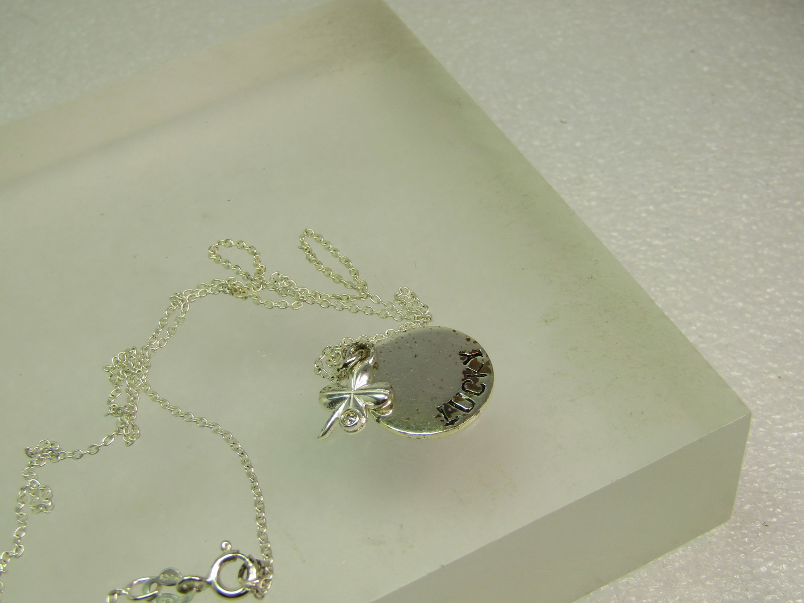 Sterling Good Fortune/Lucky Pendant Neckalce, Four-Leaf Clover, CZ, Signed Marsala, 18", - 7