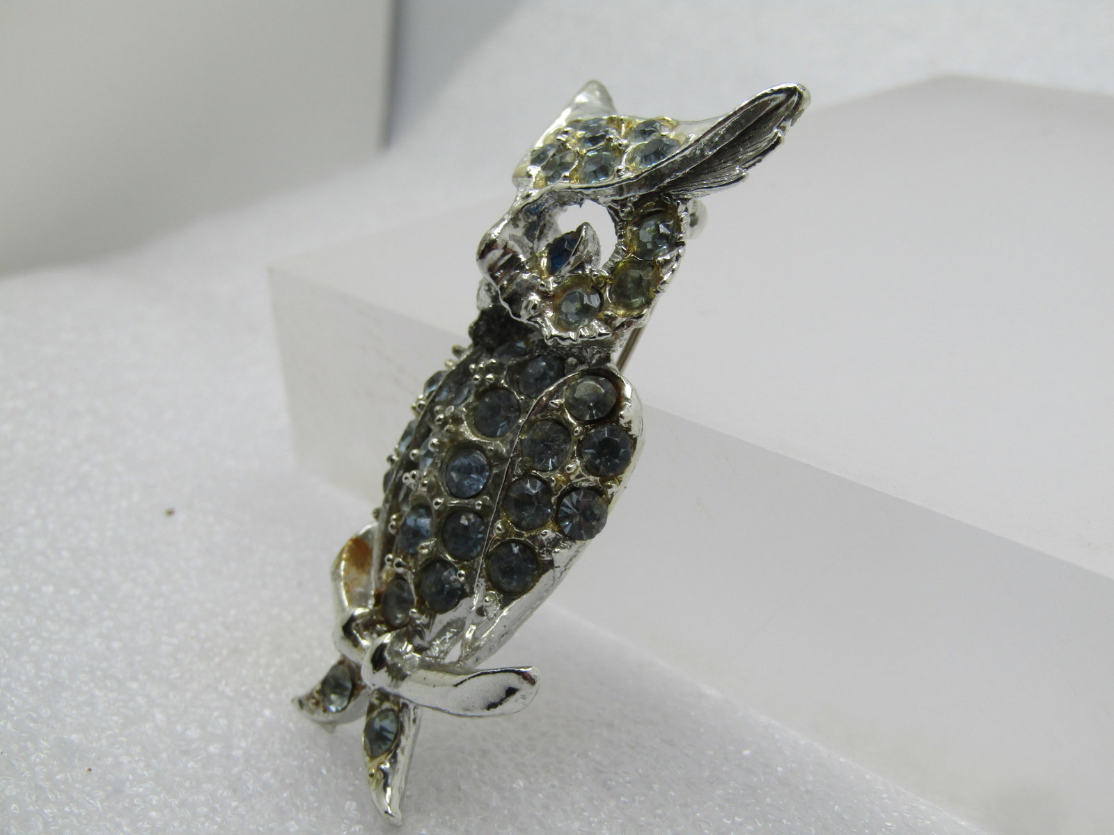 Vintage Blue Rhinestone Owl Brooch, 1960's, 2.25" - 2