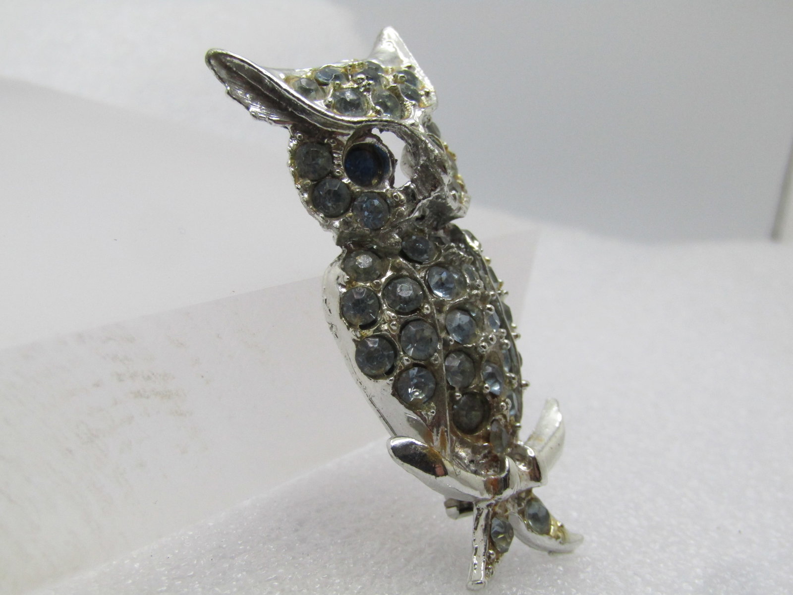 Vintage Blue Rhinestone Owl Brooch, 1960's, 2.25" - 3