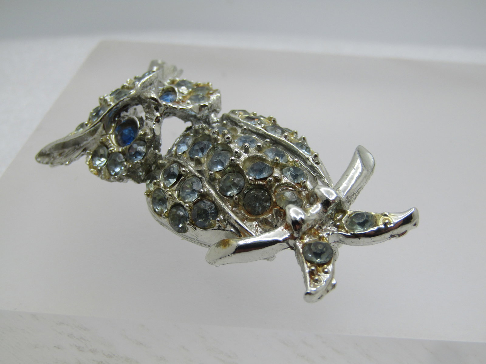 Vintage Blue Rhinestone Owl Brooch, 1960's, 2.25" - 5